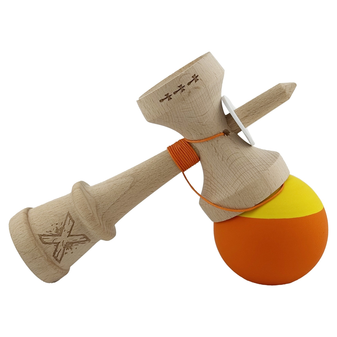 Kendama X Originala, Profesionala, Flippy, Rubber Grip, Cupe Mari KING SIZE V3, Gaura in Baza, Rulment Metalic, din lemn 18 cm, Ata 62/65 cm, Bicolor Galben/Portocaliu