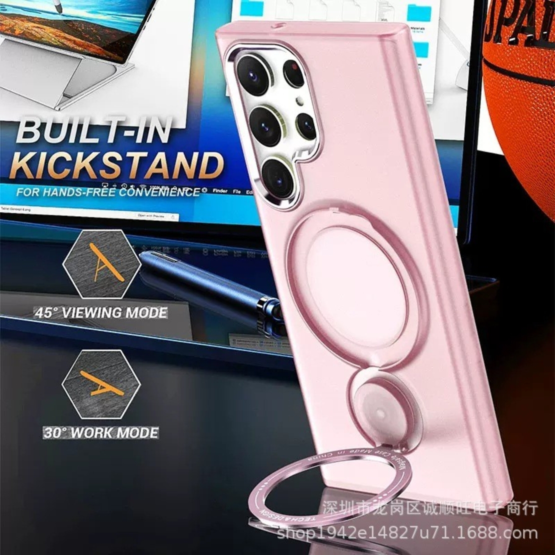 Husa de protectie Vafy, cu incarcare Wireless, Tehnologie Magsafe, TPU, Inel magnetic rotativ cu functie de suport, pentru Samsung Galaxy S23 Ultra , Rose Gold
