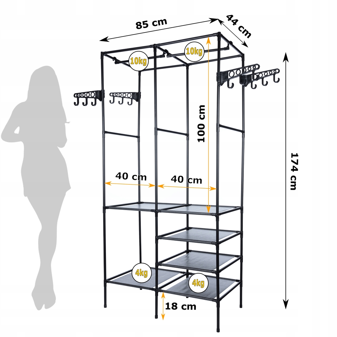 Stand de haine cu polite si tije pentru agatarea umeraselor, 85x44x174cm, negru