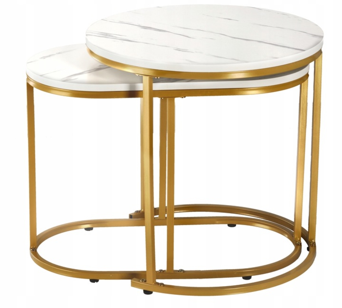 Set 2 mese pentru cafea, cadru otel, blat MDF model marmura, 50x50x50 cm si 60x32x44 cm, alb si auriu