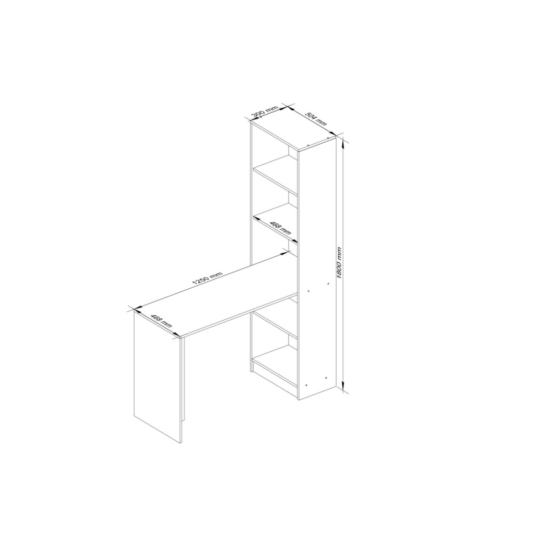 Birou cu rafturi SMART, PAL laminat, 125x50x180 cm, alb