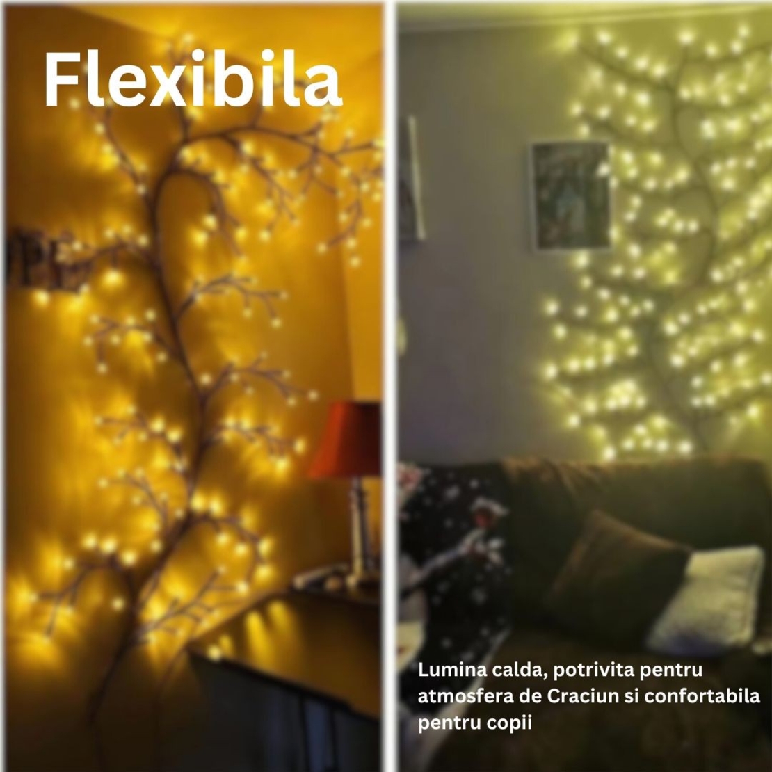 Instalatie Craciun tip Creanga Vafy, 144 LED-uri, Conectare la Retea, 8 Jocuri de Lumini, Telecomanda, 2.5 m, Prelungitor 2 m, 3V, 1.5V, Fir Negru, Alb Cald