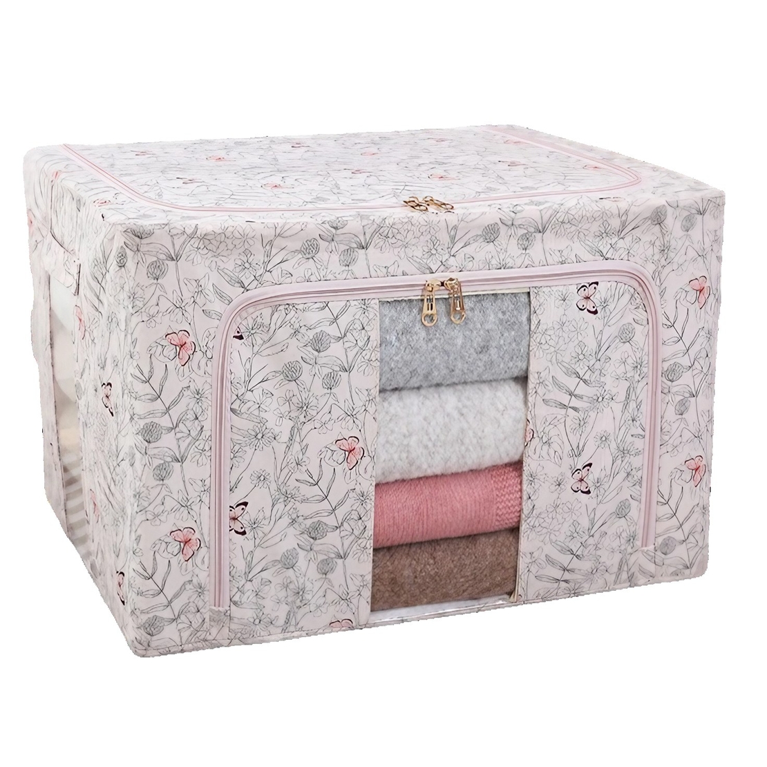 Cutie Depozitare, Vafy, 66L, din Material Textil, 50 x 40 x 33 cm, pentru Haine si Lenjerii, Model Fluturasi, Roz