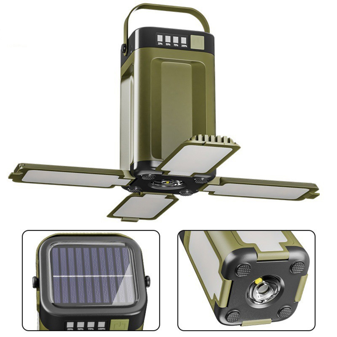 Lampa pentru Camping, Flippy, Lampa LED, Reincarcabila Solar si cablu TYPE-C, Tip Felinar 4 Laturi si Lanterna in Baza, Impermeabila, 12.5 x 7 x 7 cm, Verde