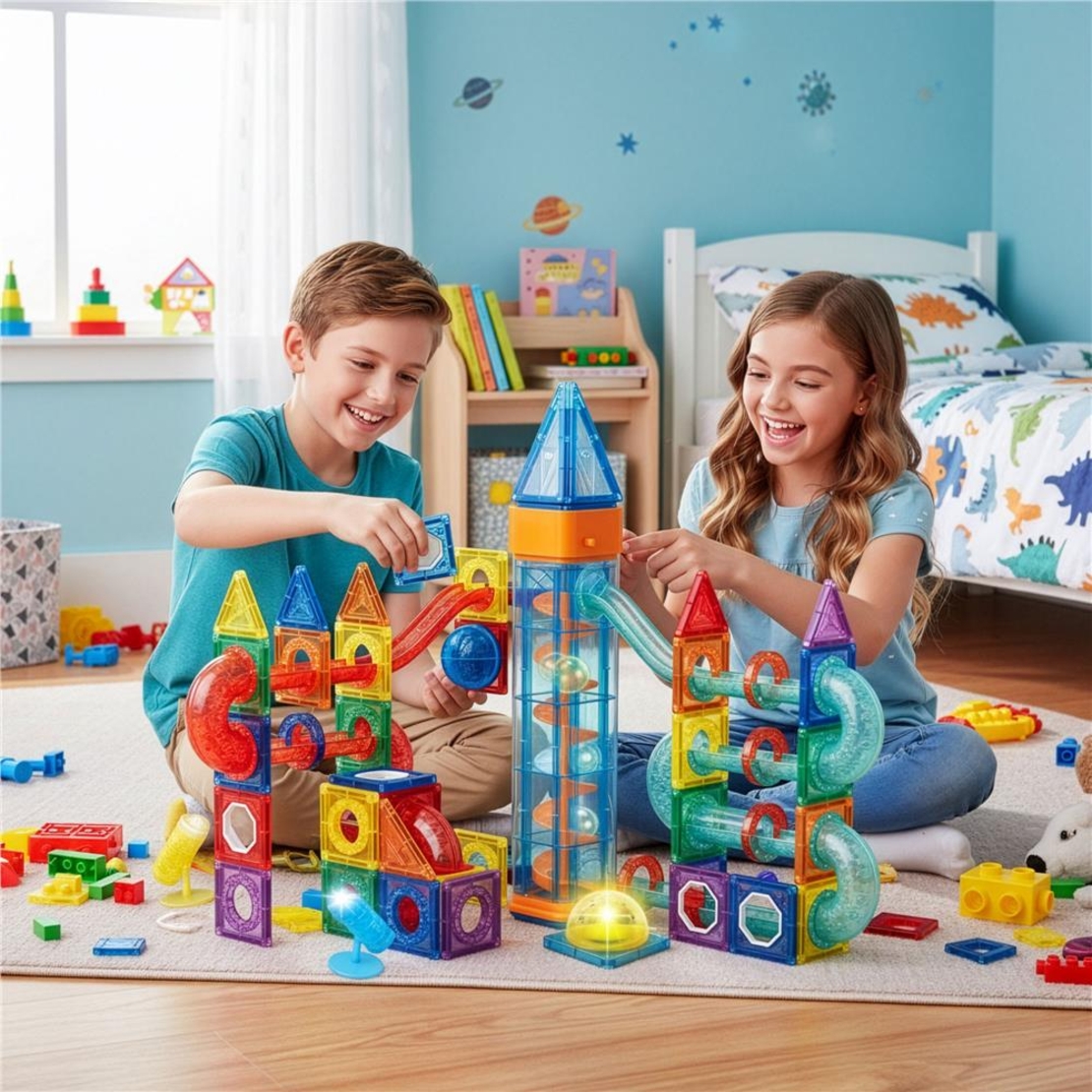 Set de constructie din piese magnetice educative pentru copii 134 de piese, multicolor