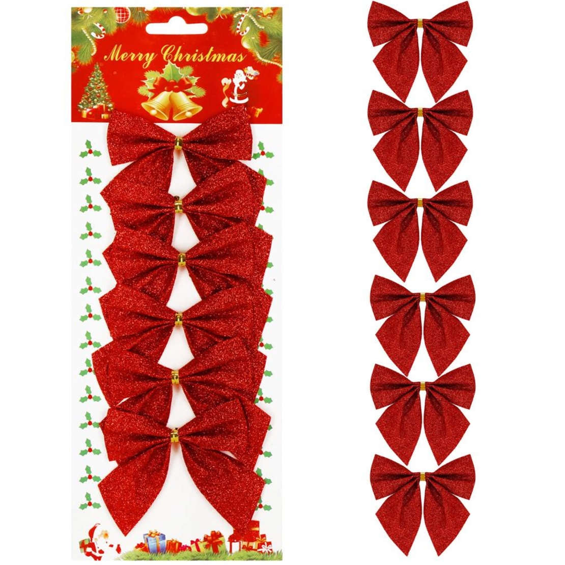 Set 6 ornamente pentru bradul de Craciun, fundita, 8cm, rosu cu sclipici