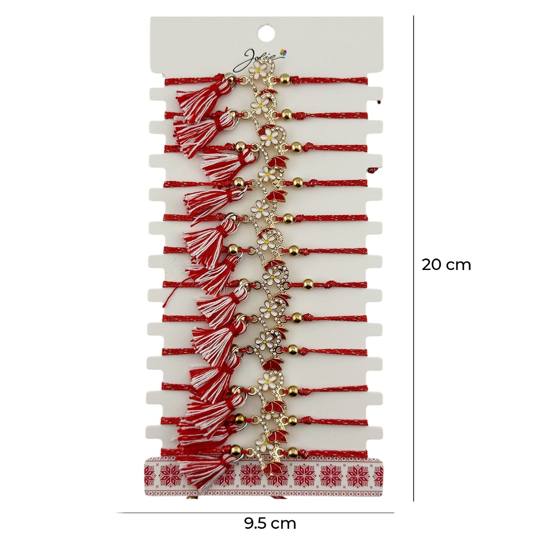 Martisor Bratara cu Ciucure pentru Dama, Jolie, Model Inima cu Margareta, Set 12 bucati, Pandativ din Inox cu Pietre, Snur Reglabil, Rosu/Alb