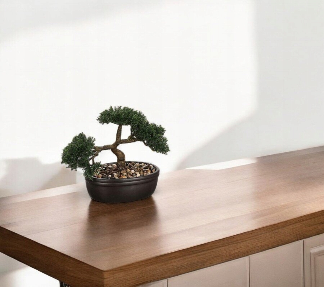 Bonsai artificial Atmosphera in ghiveci ceramic cu pietricele decorative, 23 cm, verde