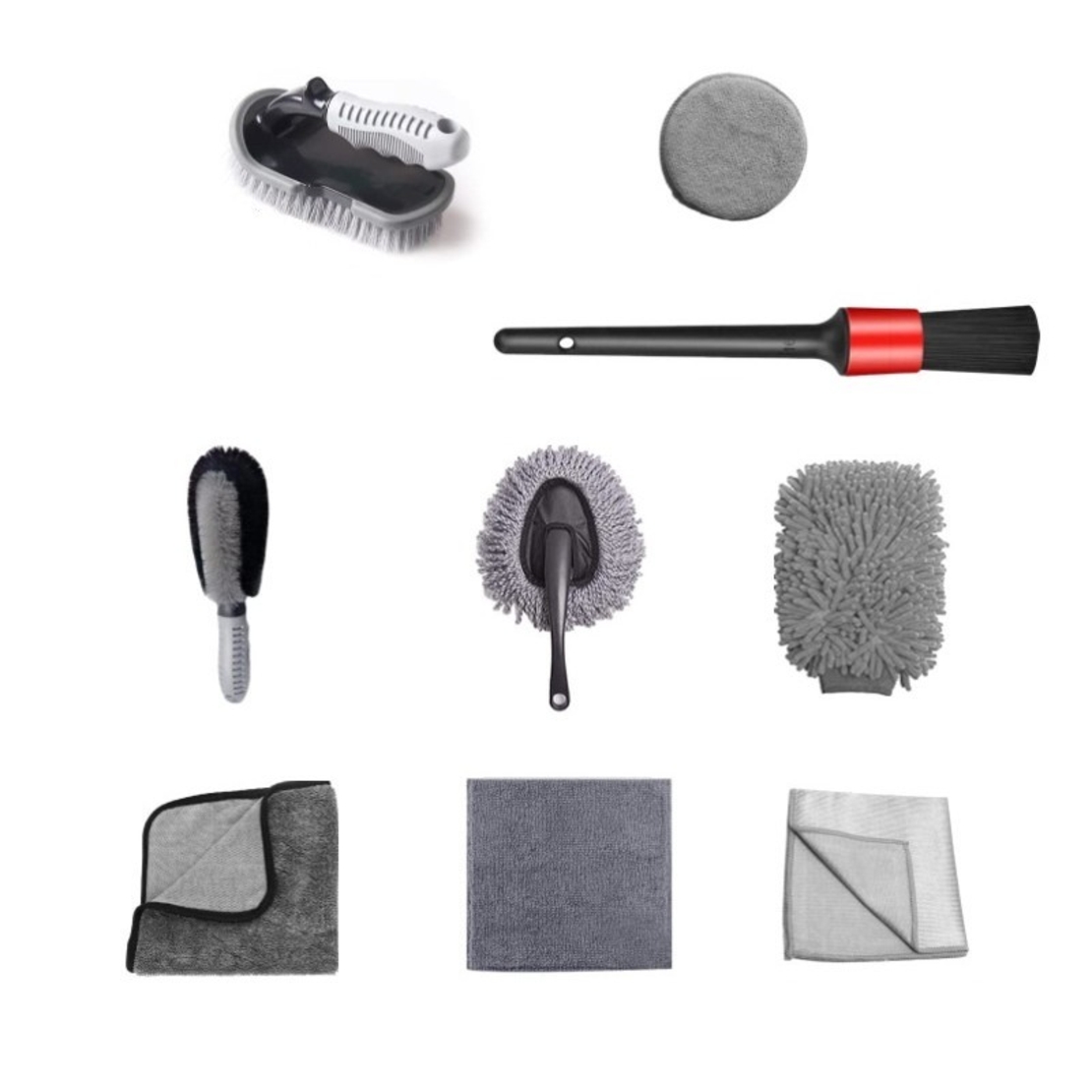 Set 10 Piese pentru Spalat Auto, Flippy, din Plastic si Microfibra, Perii si Lavete, Model C, Gri
