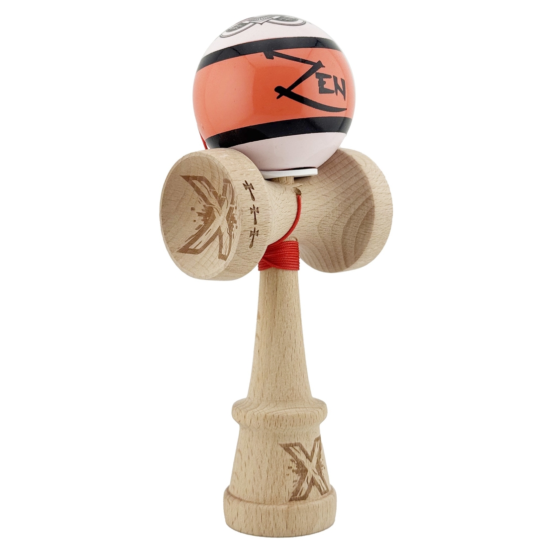 Kendama X Zen Series Originala, Profesionala, Flippy, Cupe Mari KING SIZE V3, Super Sticky, Gaura in Baza, Rulment Metalic, din lemn 18 cm, Ata 62/65 cm, Coral