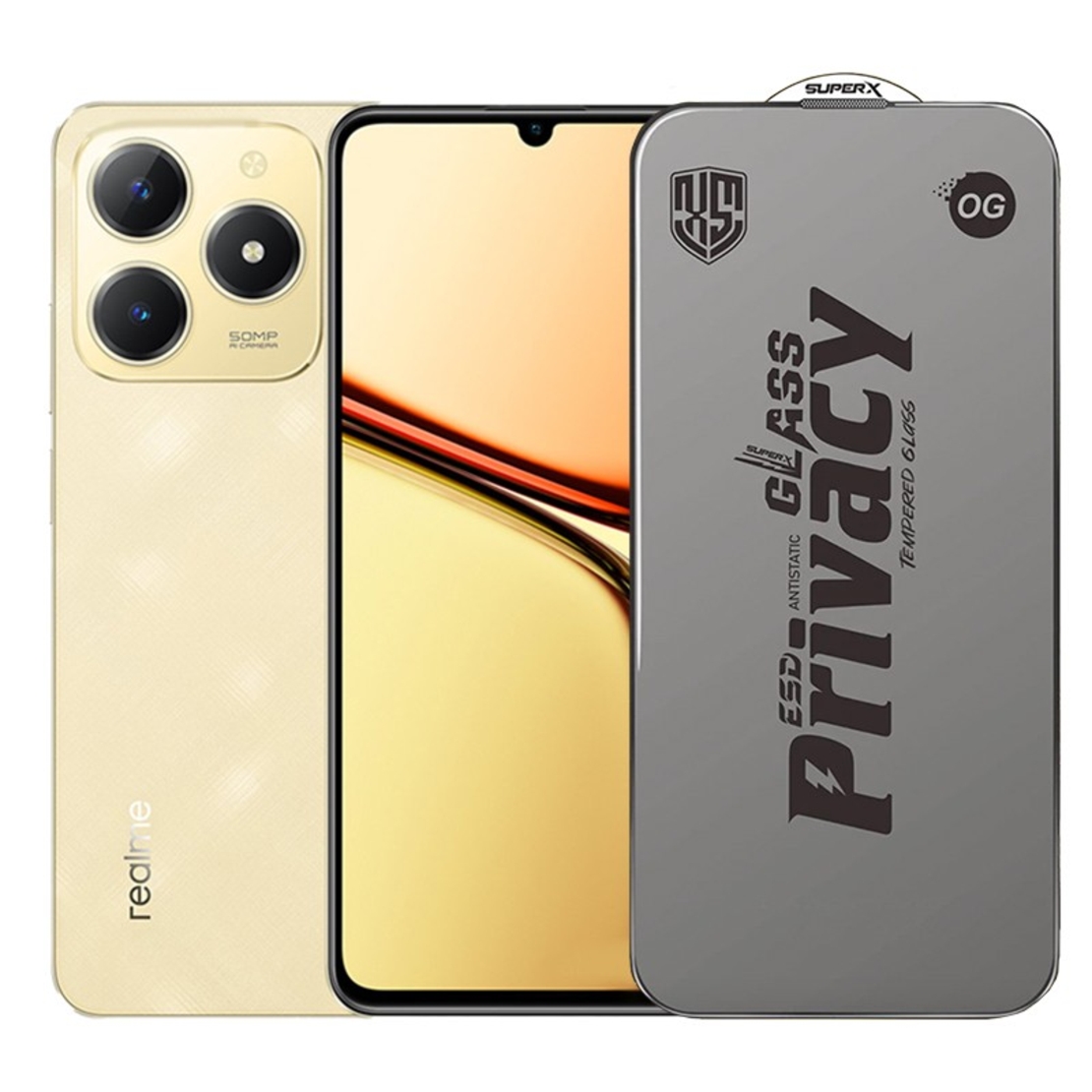 Folie de Protectie pentru Realme C61, Vafy, Sticla Securizata ESD Antistatica, Super-X Privacy OG, Margini Negre, 0.30 mm, Transparent Inchis