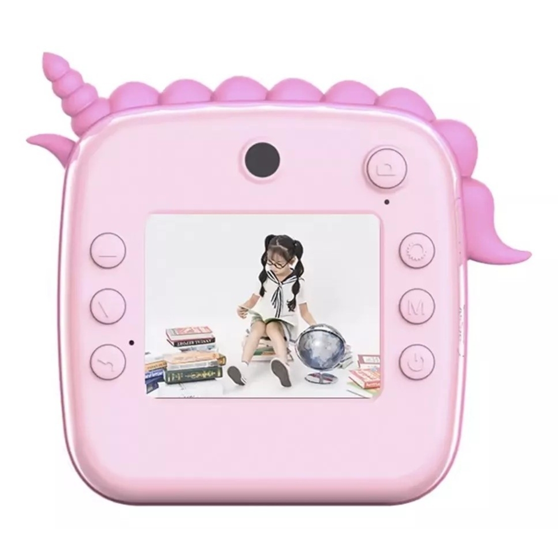 Camera Instantanee pentru Copii, Flippy, Camera Frontala + Selfie, cu Functie de Printare, Cablu USB-C, Bluetooth, Compatibil iOS/Android, Model Unicorn, Snur Inclus, Roz