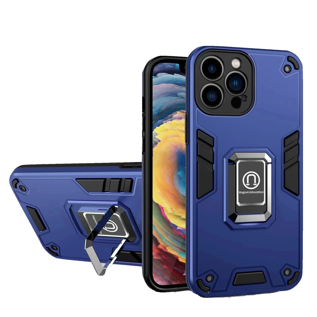 Husa Iron Warriors pentru iPhone 12, Vafy, Hybrid Ring Holder Kickstand, Albastru inchis