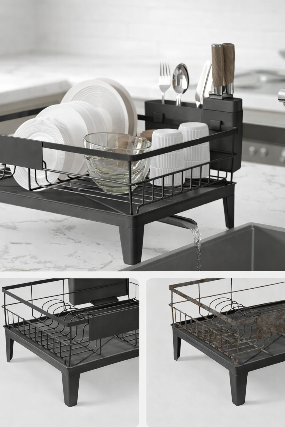 SONGMICS Suport vase metalic, cu tava si scurgere mobila direct in chiuveta, 31x42x19 cm, negru
