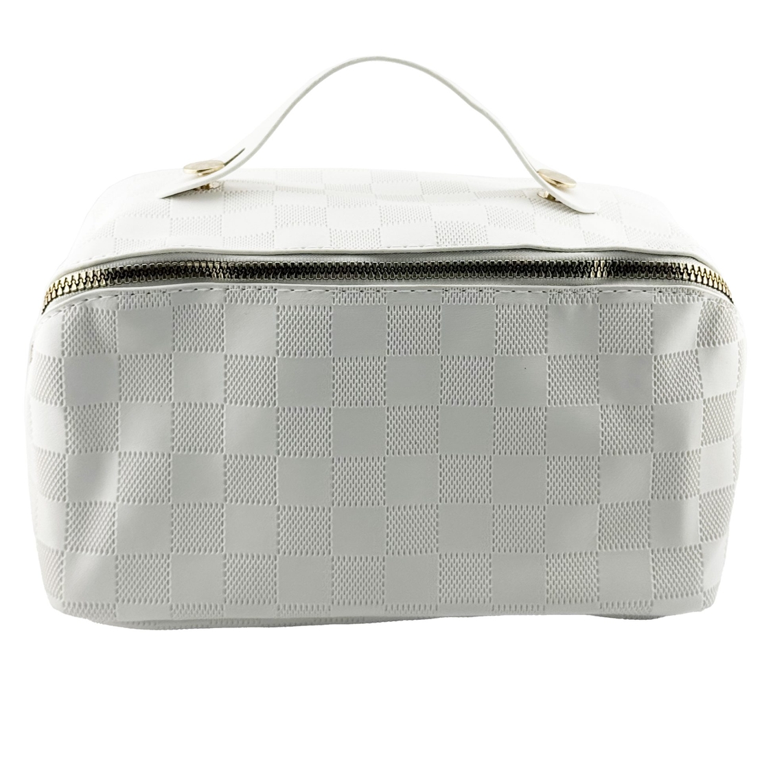 Geanta de Calatorie Flippy, Pentru Cosmetice, Portabila, Impermeabila, din Piele Ecologica, Compartimente Multiple, cu Fermoar, 22 x 13 x 12.5 cm, In Carouri, Alb