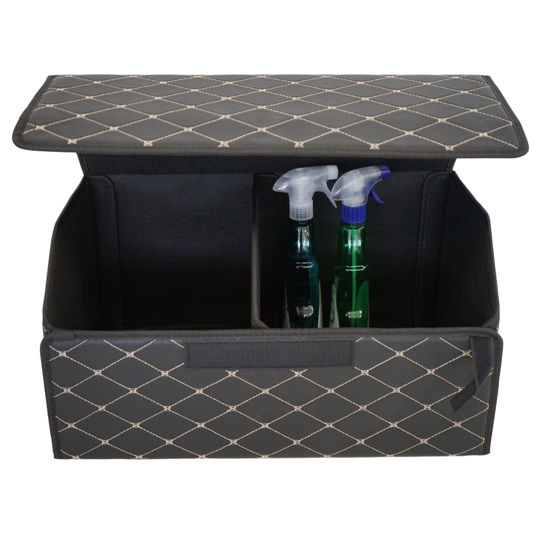 Cutie de Depozitare Auto, Flippy, Organizator Premium Portbagaj, Geanta Multifunctionala, Piele Ecologica, Pliabil si Rezistent la Uzura, 2 Compartimente Depozitare, Pliabil si Rezistent la Uzura, Negru/Alb, 55 x 30 x 30cm