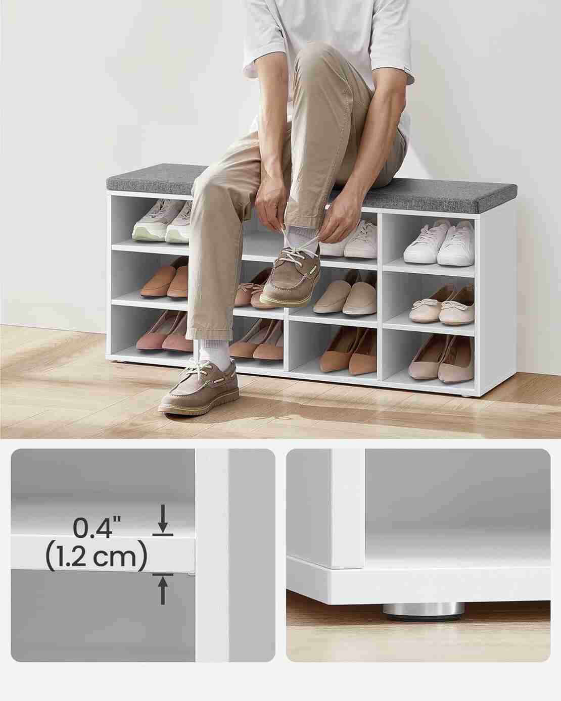 VASAGLE Pantofar cu banca cu 12 compartimente si perna, sarcina 136 kg, 104x30x48 cm, alb