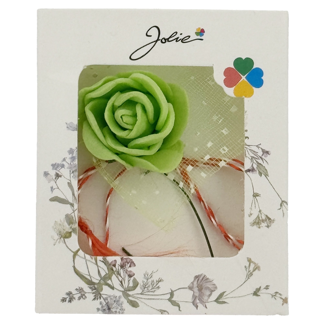 Martisor Motiv Floral, Jolie, Model Trandafir, cu Snur Alb/Rosu, 9 x 5 cm, Verde deschis
