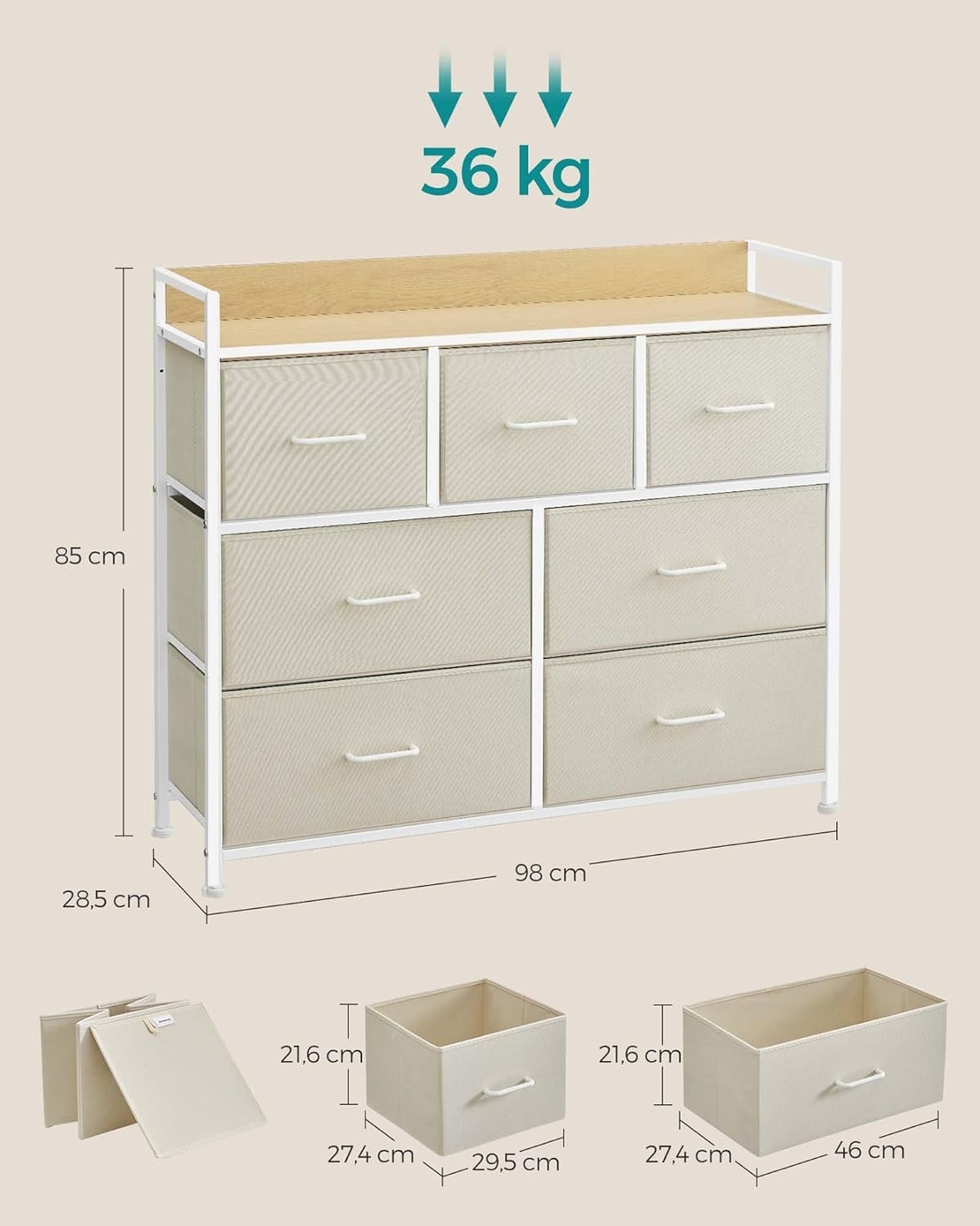 SONGMICS Comoda cu 7 sertare textile, cadru metalic si blat din PAL, design industrial, 98x29x85 cm, alb crem