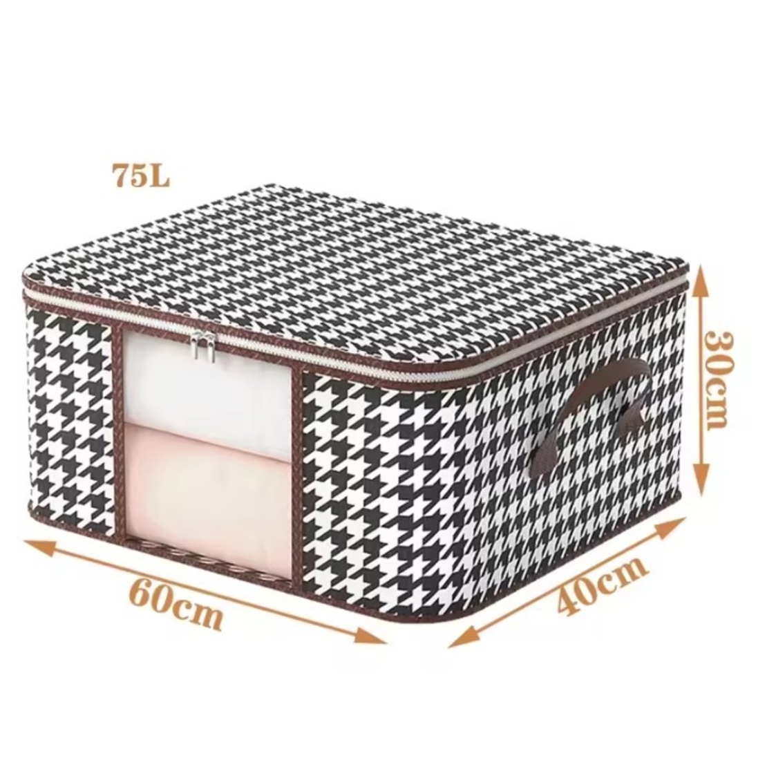 Cutie de Depozitare Pliabila, Flippy, 60x40x30 cm, 75 L, Fereastra Frontala, cu Fermoar Bidirectional, Suport Baza Stabil, Imprimeu in Carouri, Alb/Negru