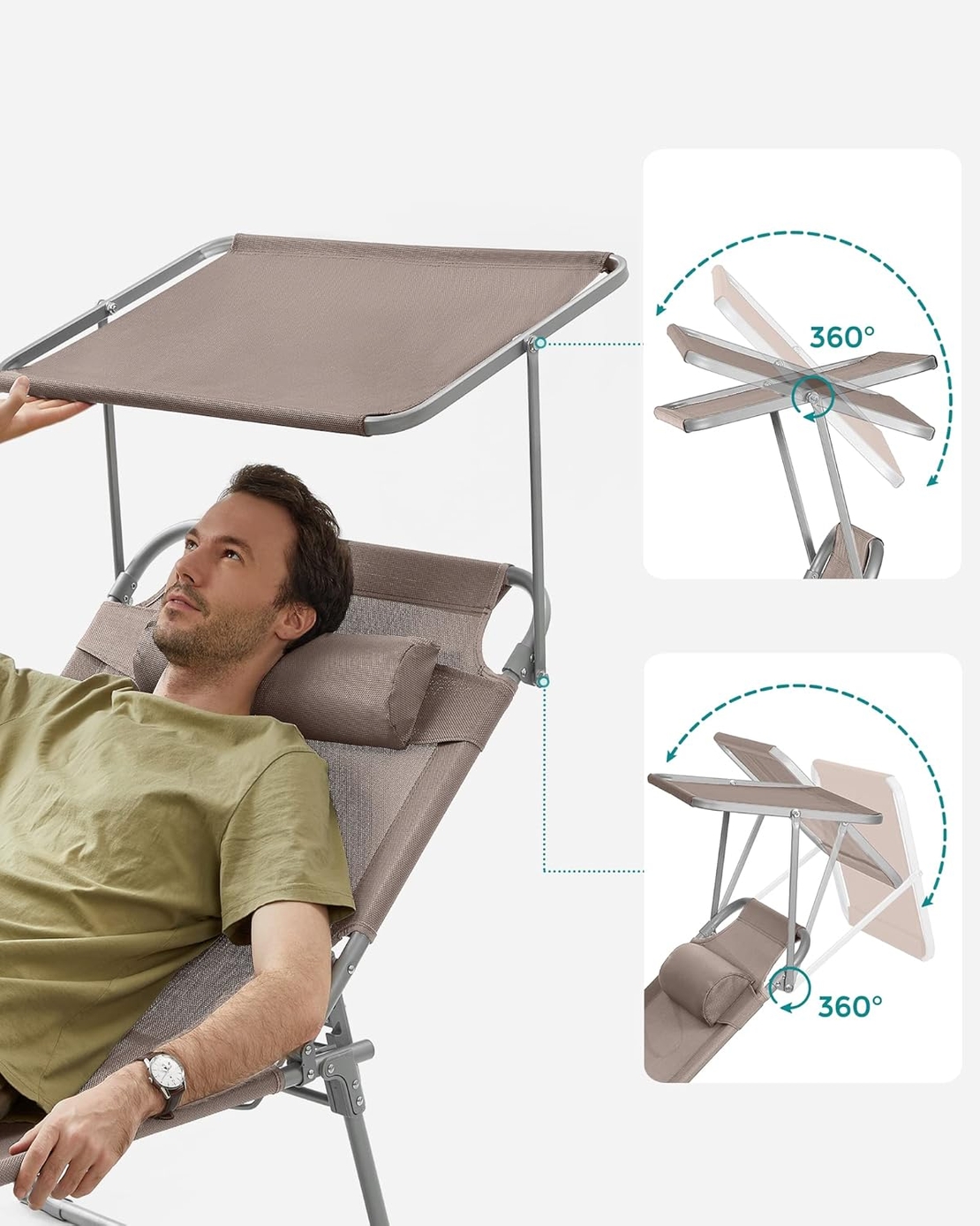 SONGMICS Sezlong pliabil, cu parasolar si tetiera, spatar reglabil in 4 pozitii, maxim 150kg, 200x71x38 cm, taupe