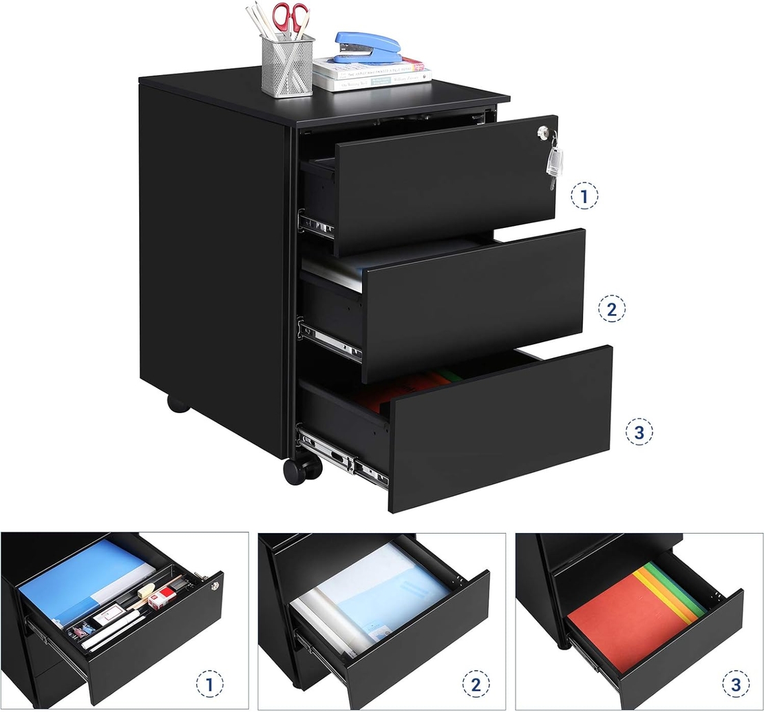 SONGMICS Dulap mobil rollbox pentru birouri, 3 sertare pentru documente, corp pre-asamblat, 45x39x54 cm, negru