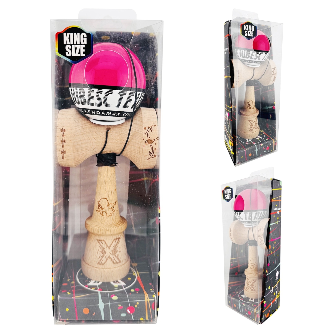 Kendama X TE IUBESC Originala, Profesionala, Flippy, Super Sticky cu Cupe Mari KING SIZE V3, Gaura in Baza, Rulment Metalic, din lemn 18 cm, Ata