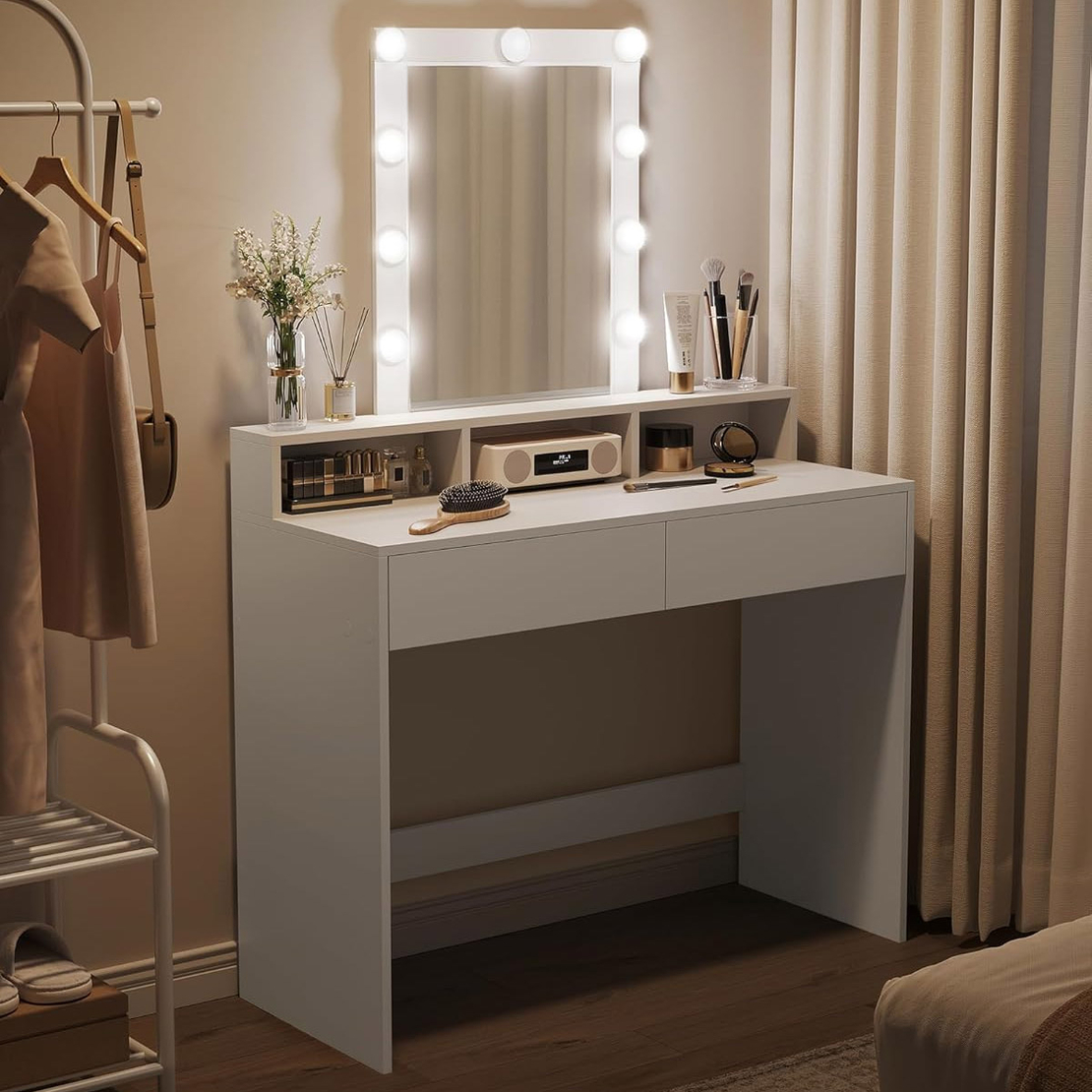 VASAGLE Masa de toaleta cu oglinda LED cu luminozitate reglabila, 2 sertare si 3 compartimente, 100x40x145 cm, alb