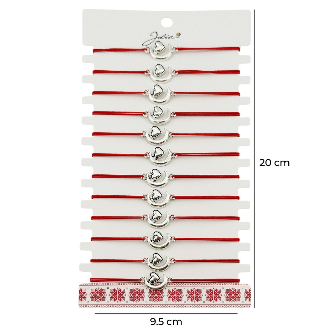 Martisor Bratara Elastica cu Pandantiv din Inox, Jolie, pentru Dama, Set 12 bucati, Snur Rosu Textil, Model Inima Luna