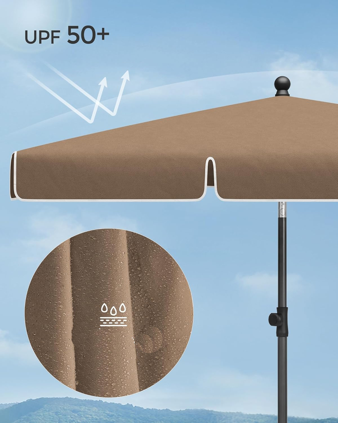 SONGMICS Umbrela terasa gradina sau plaja, cu inclinare 2 directii, protectie UV UPF 50+, husa inclusa, 200x125cm, maro taupe