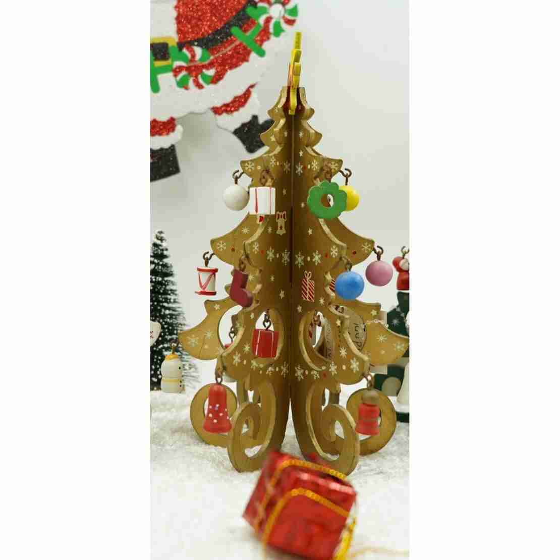 Decoratiune Craciun, Brad, Auriu, 6 cavitati cu ornamente, 12 cm x 20 cm, Lemn, Flippy
