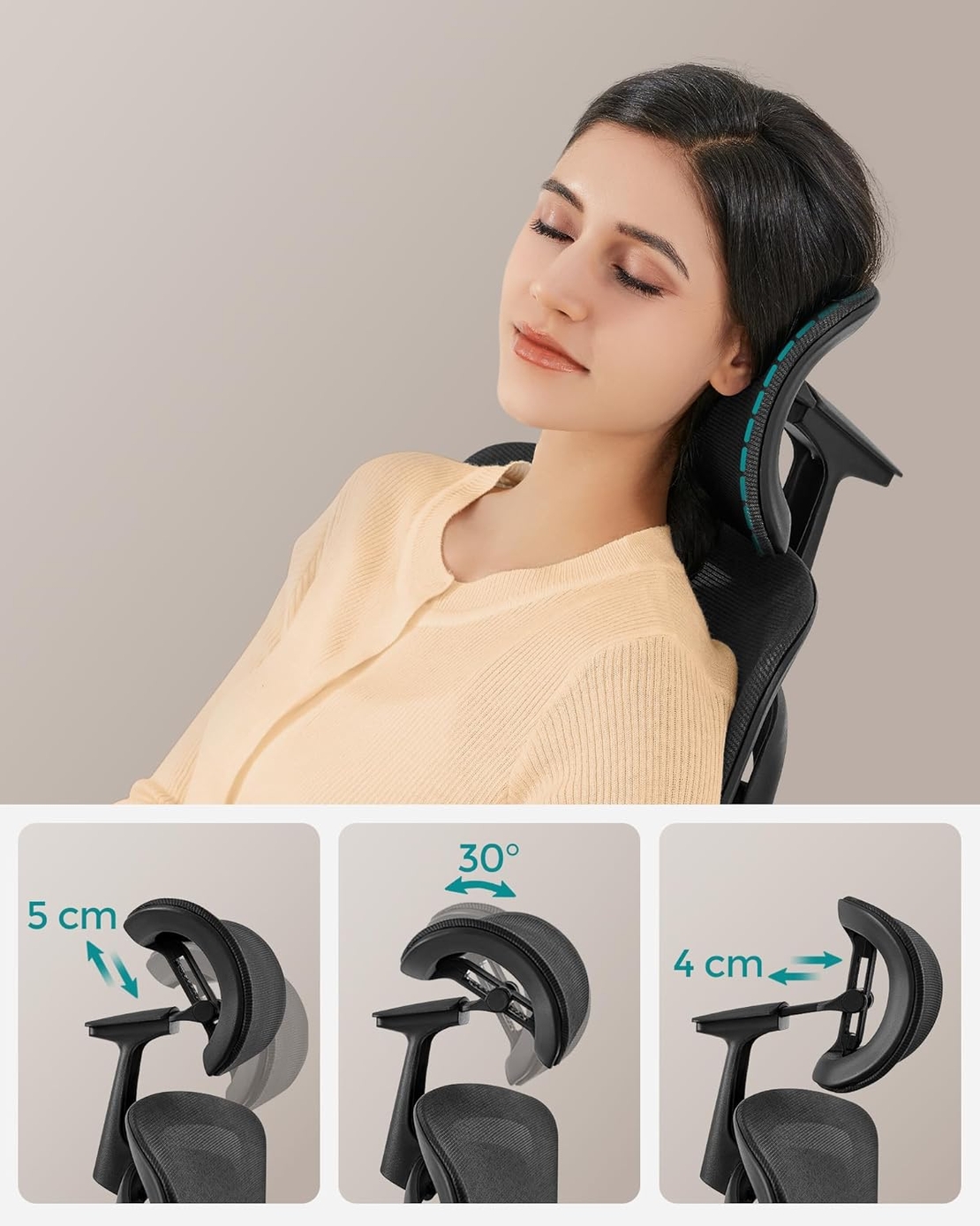 SONGMICS Scaun de birou ergonomic reglabil cu tetiera si suport lombar, inclinare 135°, maxim 150 kg, 70x70x125 cm, negru