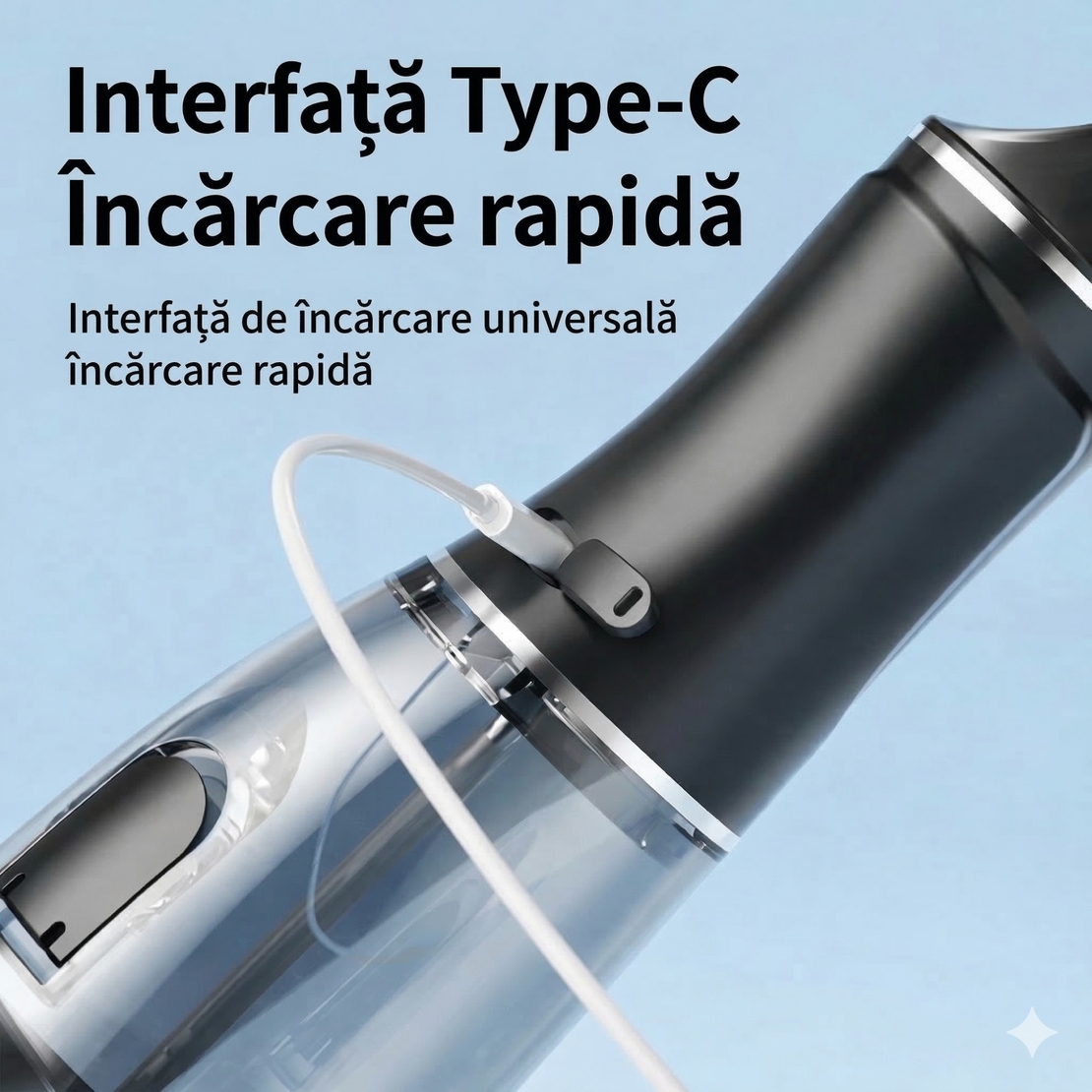Irigator Bucal Electric, Flippy, Portabil, Dus Bucal pentru Curatare, Indepartare Tartru, 4 Capete, 25 x 8 x 8 cm, Negru