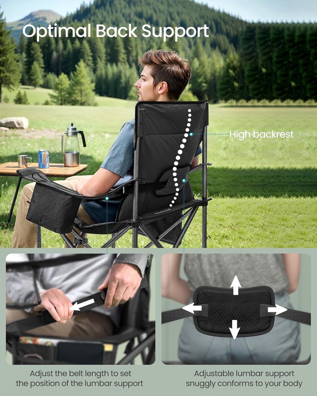 SONGMICS Scaun pliabil camping premium cu spatar inalt si sezut buretat, suport bauturi si buzunar termo, 200 kg, 63x95x100 cm, negru