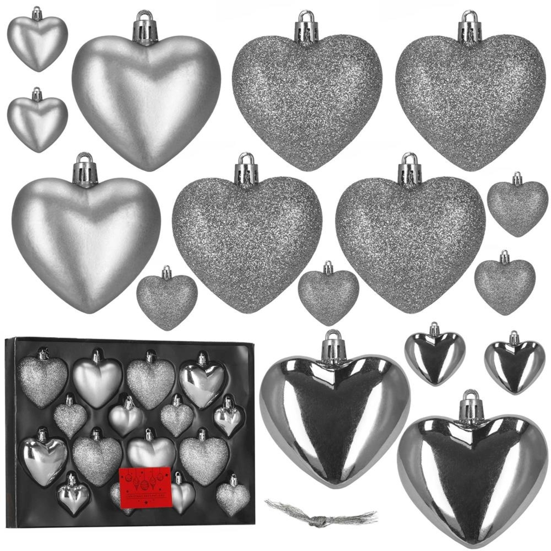 Set globuri decorative in forma de inima, 16 bucati, plastic, 4-7 cm, argintiu