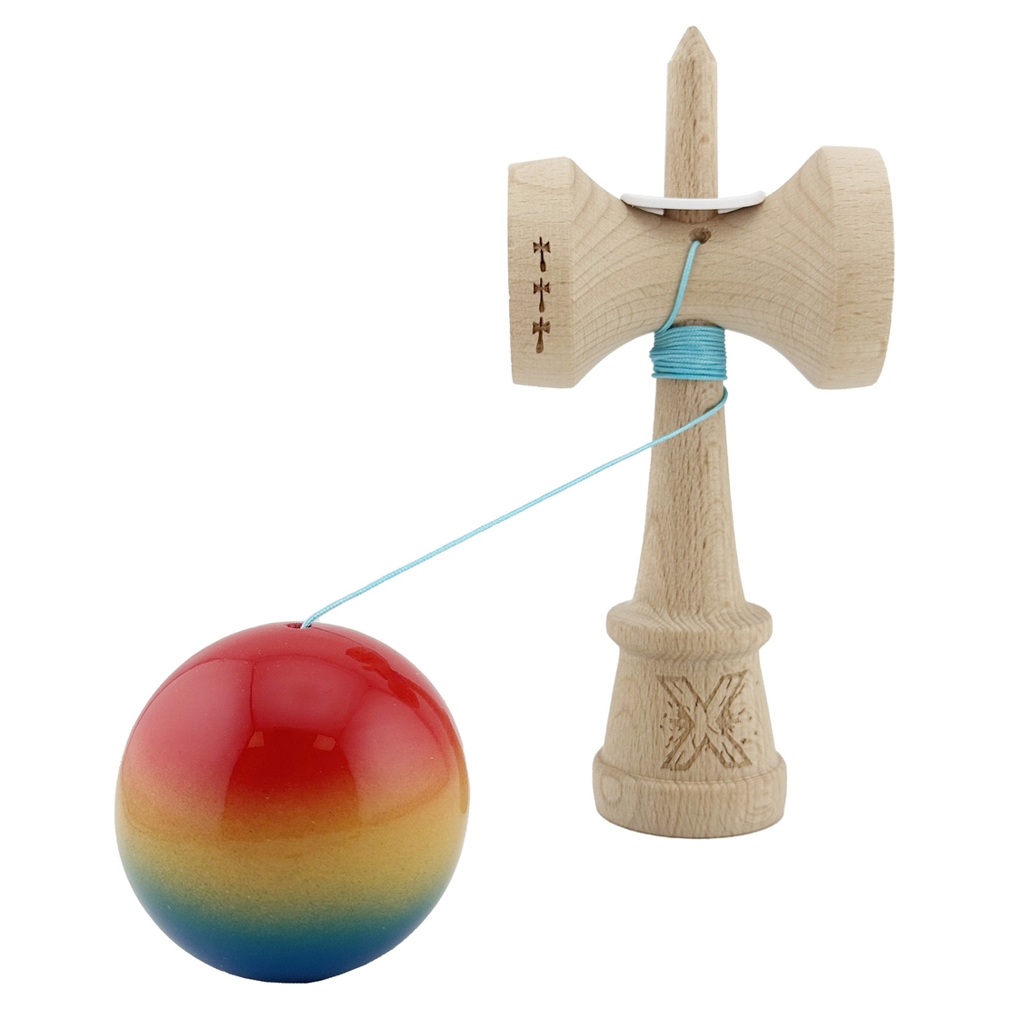 Kendama X Originala, Profesionala, Flippy, Super Sticky cu Cupe Mari KING SIZE V3, Gaura in Baza, Rulment Metalic, din lemn 18 cm, Ata 62/65 cm, Gradient Rosu/Galben/Albastru