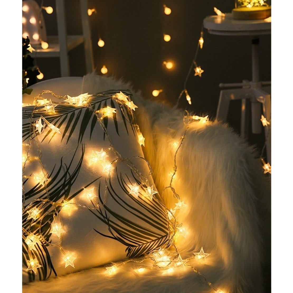 Instalatie Craciun, 6 metri,40 LED-uri cu Ornament tip Stea, Alb Cald, USB lung, fir cupru, liniar, interior/exterior, Vafy