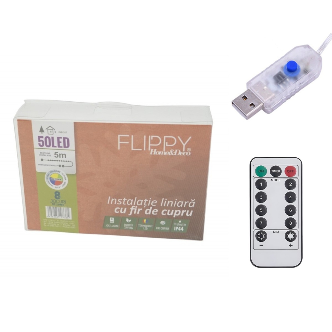Instalatie de Craciun Liniara, Vafy®, Tip Liniara, Fir Cupru, 8 Jocuri de Lumini, cu Telecomanda, 5 m, 50 Led-uri, Alimentare USB, 4.5V, Multicolor