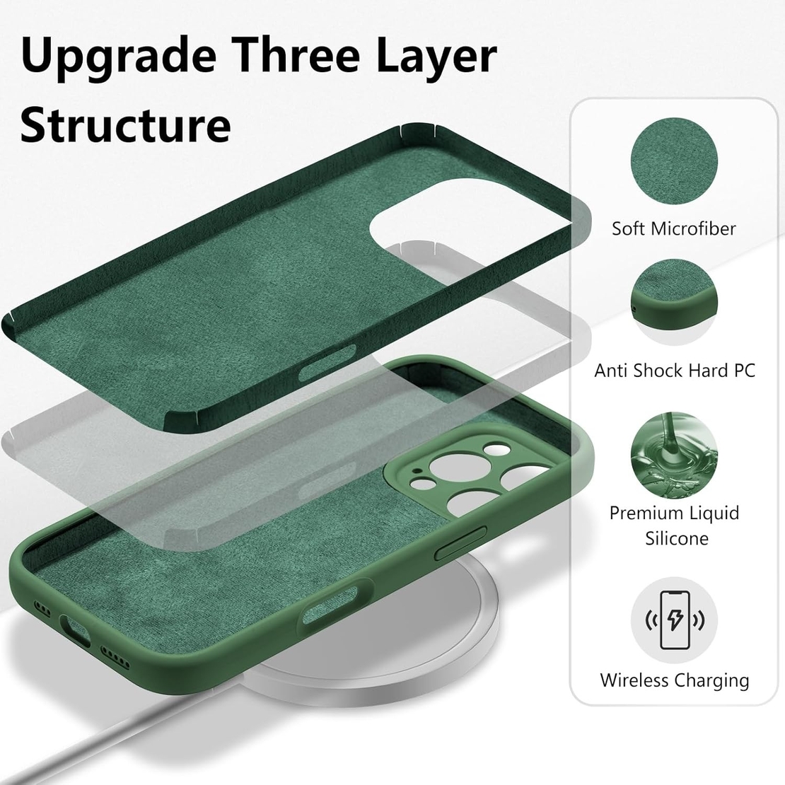 Husa de Protectie, Vafy, pentru iPhone 16 Pro, Liquid Silicone, cu Microfibra pe Interior, Protectie Antisoc, Compatibil Incarcare Wireless, Verde