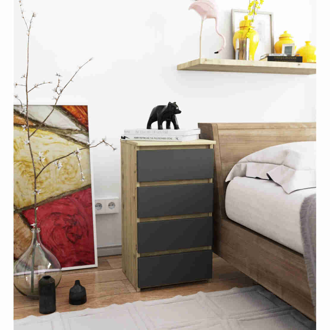 Comoda cu 4 sertare, PAL laminat 16mm, 40x35x74 cm, stejar artisan si gri