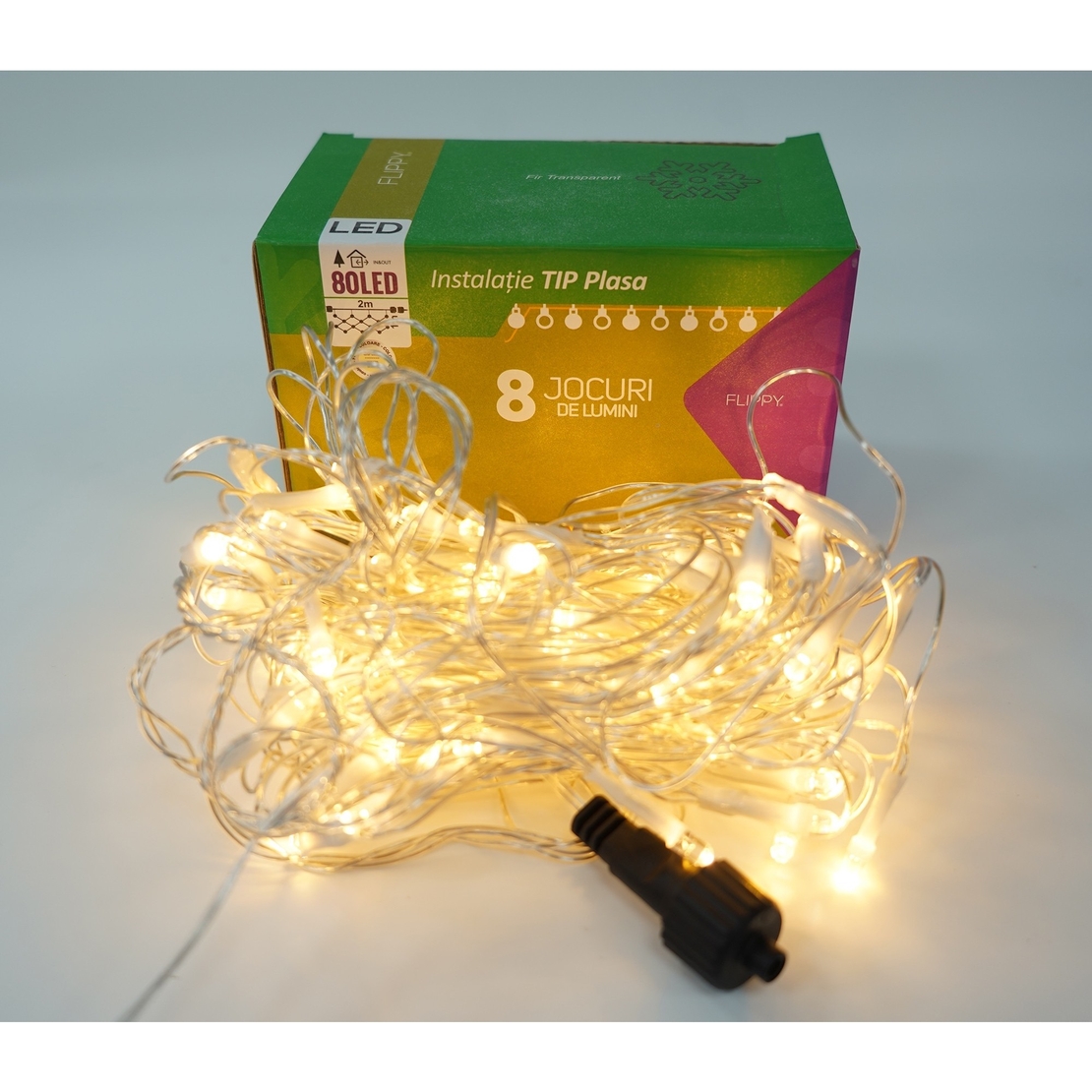 Sectiune Instalatie de Craciun Vafy, Tip Plasa, 80 LED-uri, 2 m x 1 m, 8 jocuri de lumini, Interconectabila, Fir transparent, Alb cald