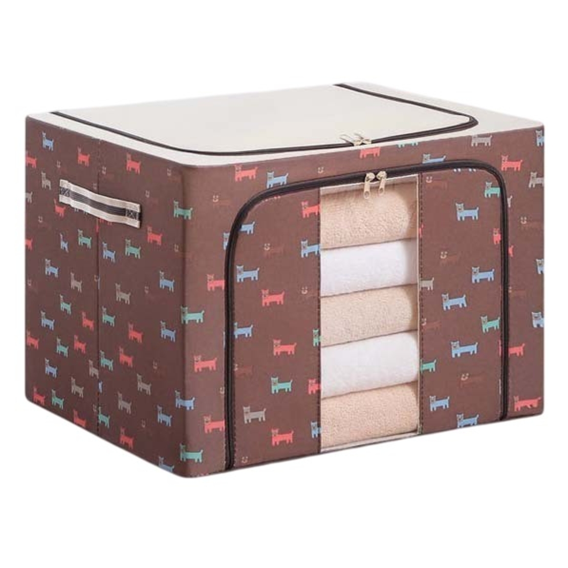 Cutie de Depozitare Pliabila, Flippy, 66 L, din Tesatura Oxford, 50x40x33 cm, Fereastra Frontala, 2 Usi de Acces cu Fermoar Bidirectional, Cadru Metalic, Suport Baza Stabil din Plastic, Imprimeu Catelusi, Maro