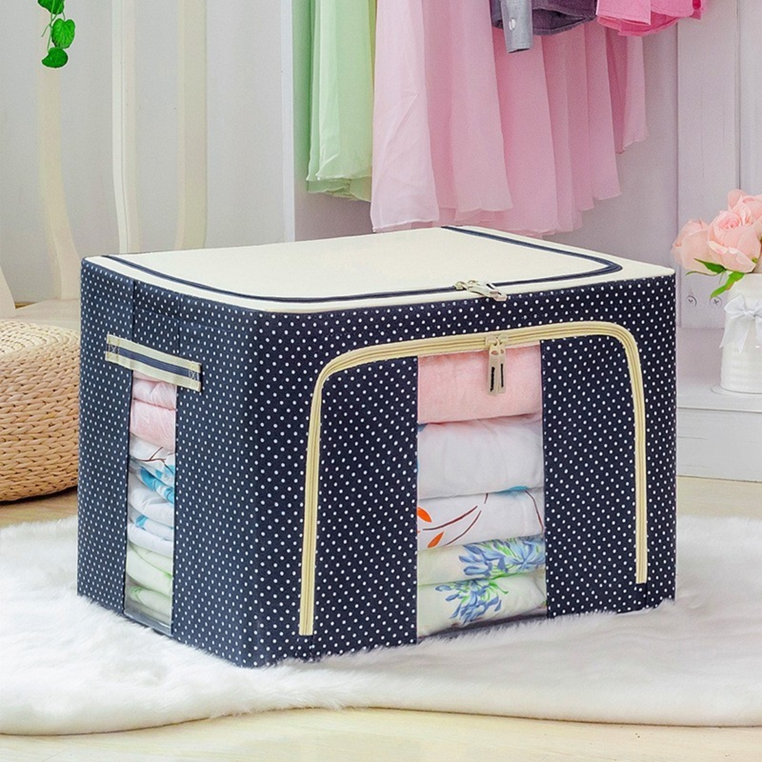 Cutie de Depozitare Pliabila, Flippy, 66 L, din Panza Oxford, 50x40x33 cm, 2 Ferestre, Frontala si Laterala, 2 Usi de Acces cu Fermoar Bidirectional