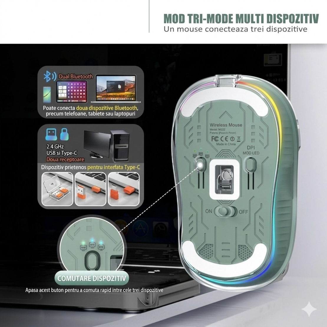 Mouse Wireless, Vafy, Dual Bluetooth, 2.4 GHz, Multi Device, USB-C, 4 Niveluri DPI 800-2400, Reincarcabil, Iluminare LED, Compatibil MacBook/iPad/Laptop, 10 x 6 cm, Verde