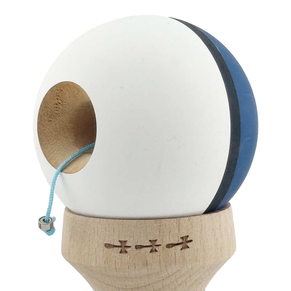 Kendama X Originala, Profesionala, Flippy, Cupe Mari KING SIZE V3, Rubber Grip, Gaura in Baza, Rulment Metalic, din lemn 18 cm, Ata 62/65 cm, S Bicolor Albastru inchis/Alb