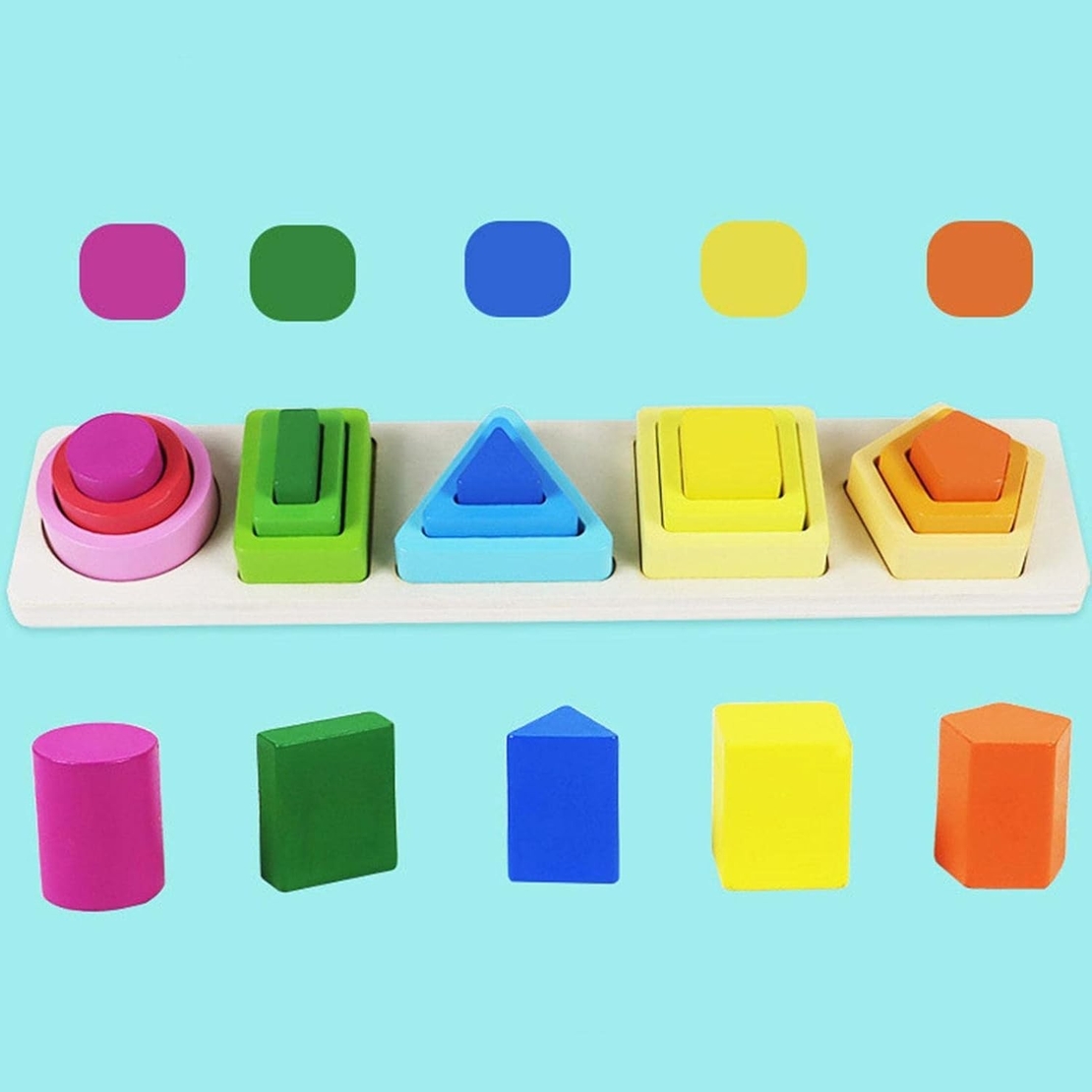 Jucarie Montessori din Lemn, Flippy, Tip Puzzle, cu 5 Forme Asimetrice, 15 Piese, Educativa, Interactiva, Creativa, Model Forme Geometrice, Materiale Non Toxice, +2 Ani, 29x6.5 cm, Multicolor