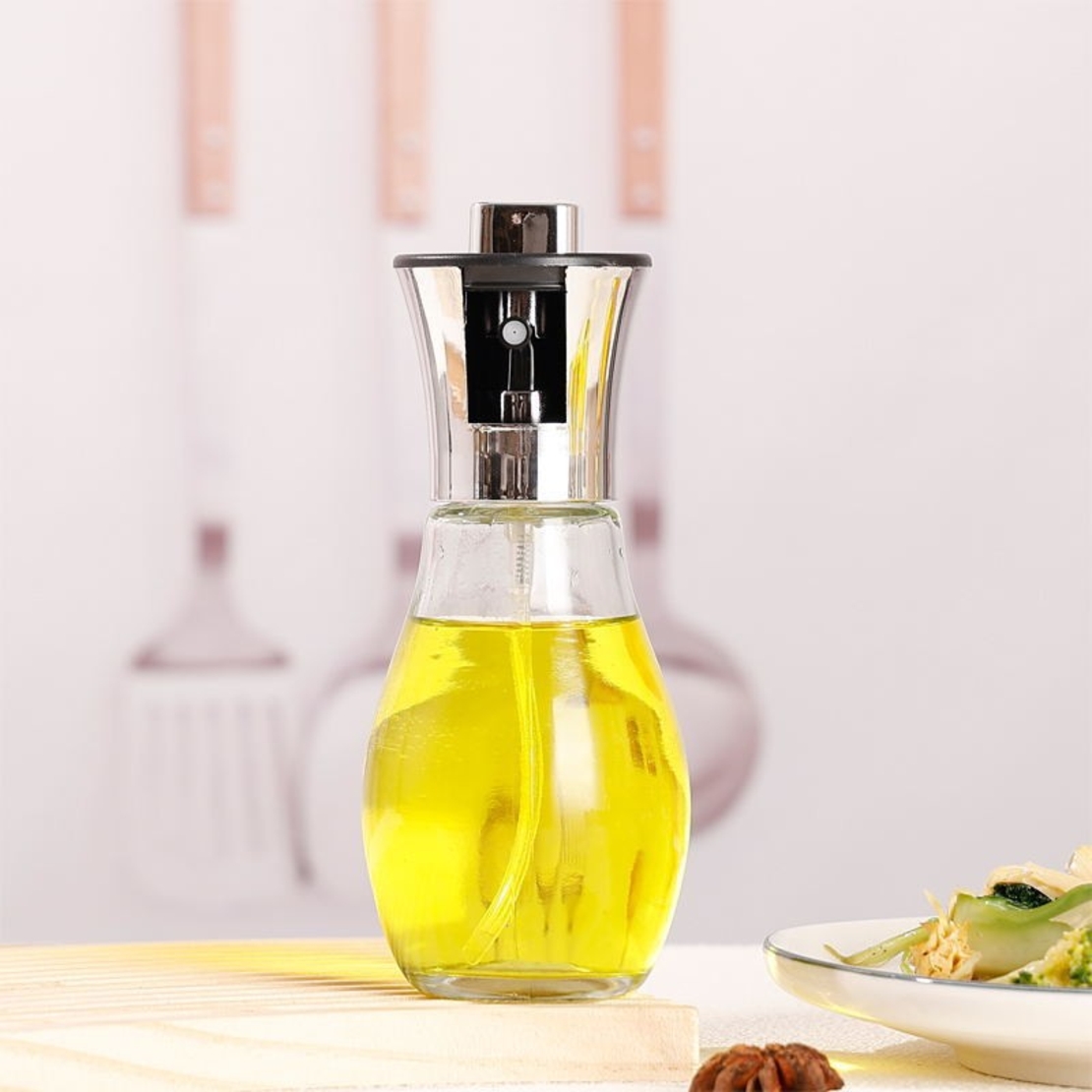 Sticla de ulei cu Pulverizator, Vafy, Sticla pentru Lichide de Bucatarie, Otet, Sos, 16.7 x 5.2 cm, Volum 200 ml, Silver