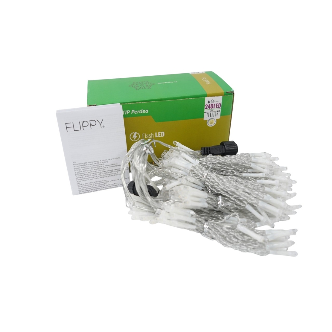 Sectiune Instalatie de Craciun Vafy, Tip Perdea, cu Flash ,2 X 2 m, 240 LED-uri, Interconectabila, Fir Transparent, Alb Cald