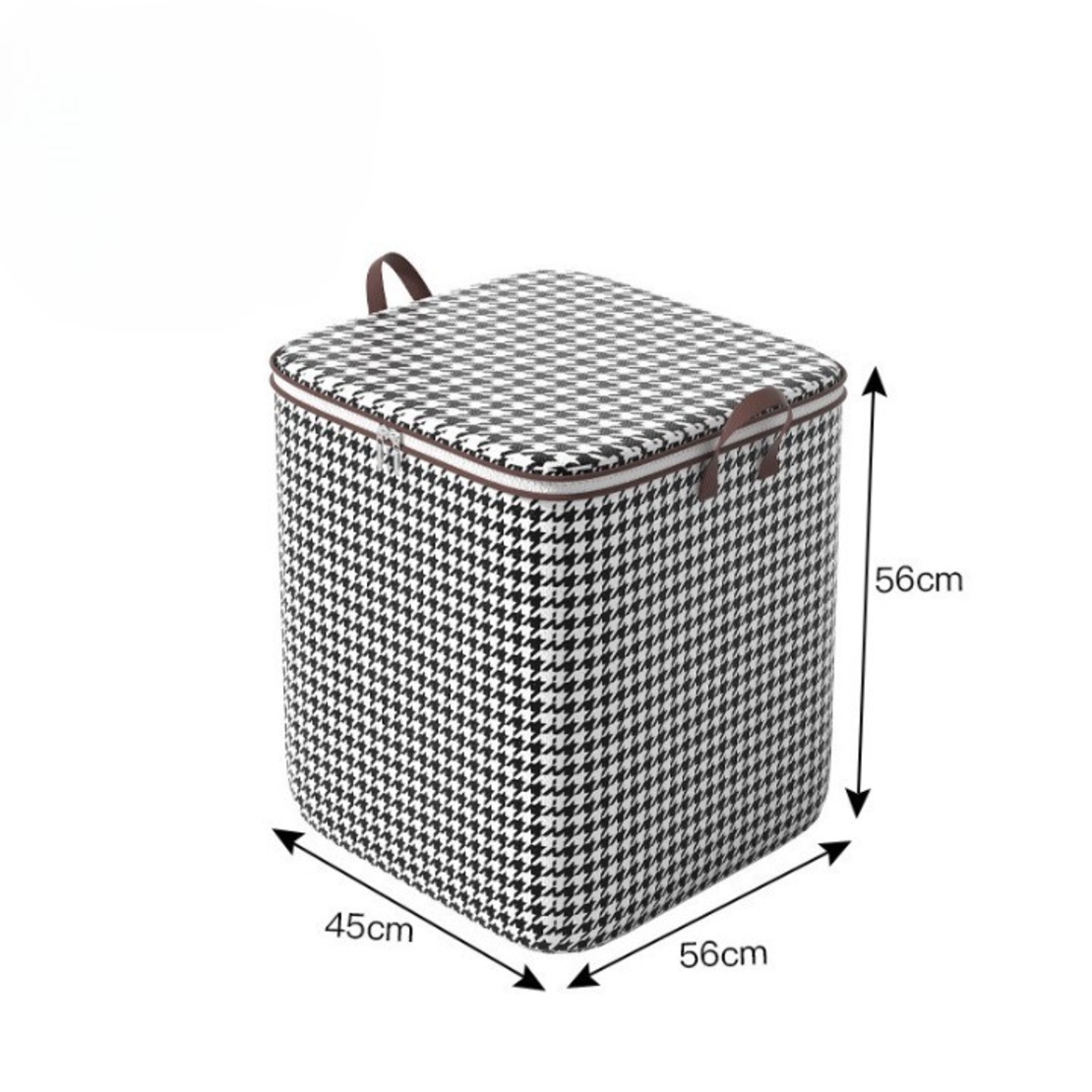 Cutie de Depozitare cu Fermoar, Flippy, Pliabila, Maner Ranforsat, Fermoar Rezistent, pentru Haine, Paturi, Plapumi, Perne, Lenjerii de Pat, Jucarii, 56x45x56 cm, 140 Litri, in Carouri, Alb-Negru