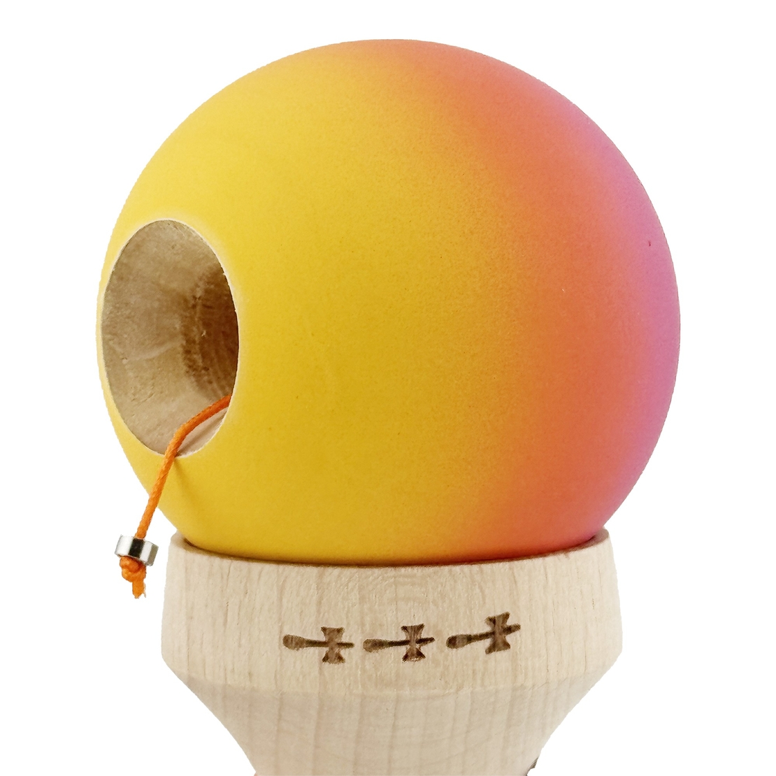 Kendama X Originala, Profesionala, Flippy, Rubber Grip, Cupe Mari KING SIZE V3, Gaura in Baza, Rulment Metalic, din lemn 18 cm, Ata 62/65 cm, Roz/Portocaliu/Galben